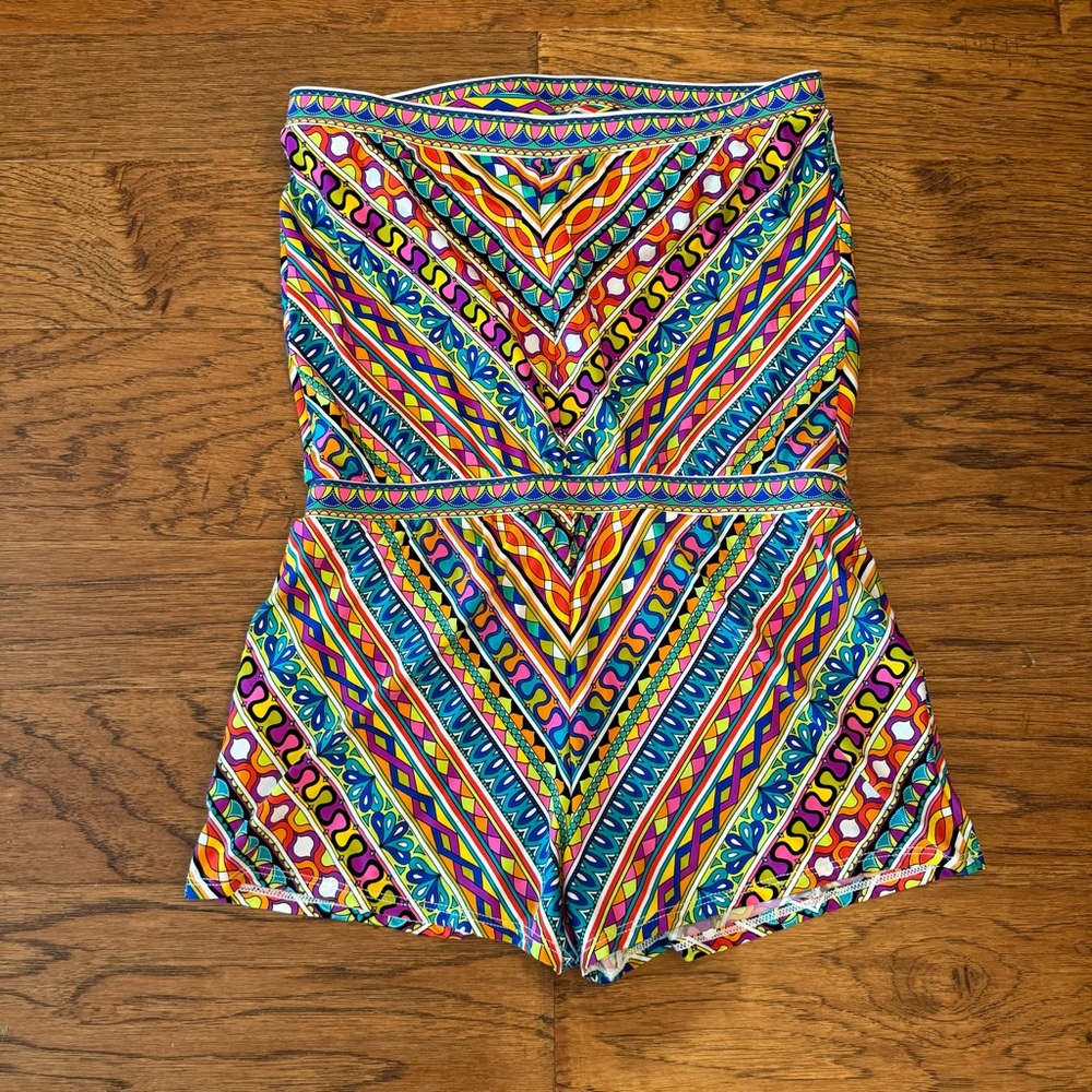 Trina Turk Peruvian Stripe Swimsuit Romper Cover Up Multicolor Halter Top Size M - Picture 12 of 14